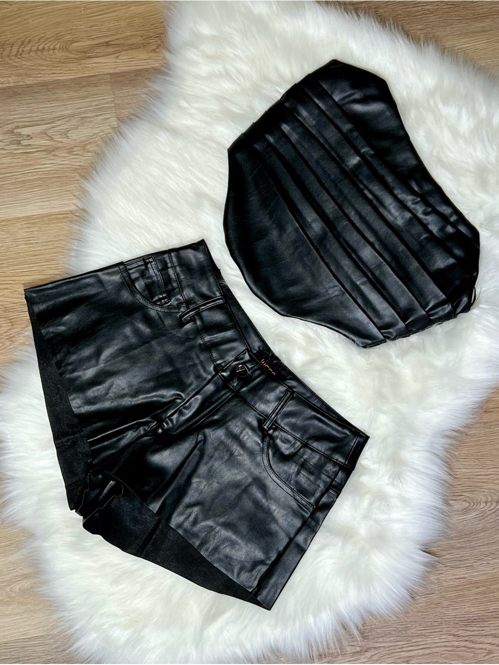 Black Faux Leather Women’s Shorts set - Sleek High-Waist Style